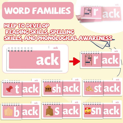 gisgfim 48 Word Family Build Book Read and Rhyme Flip Activity Book ABC Vocabulary Flash Cards Kindergarten Sight Word Learning Activities Learn to Read Games for Kids Homeschool Supplies(Cartoon)