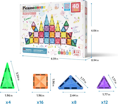 PicassoTiles 80 PCs Magnetic Tiles Travel Size Mini Version Building Block Construction Set for Kids Great Gift Ages 3+ Boys & Girls Preschool Kindergarten Montessori Playing Toys Stacking Fun PTM80