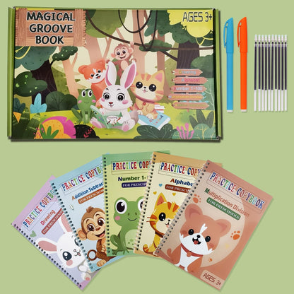 Reusable Grooved Handwriting Workbooks,Magic Copybook,Magic Writing Practice copy books, to help children improve their handwriting ink Practice Age 3-8 Calligraphy for kids(Animal edition)