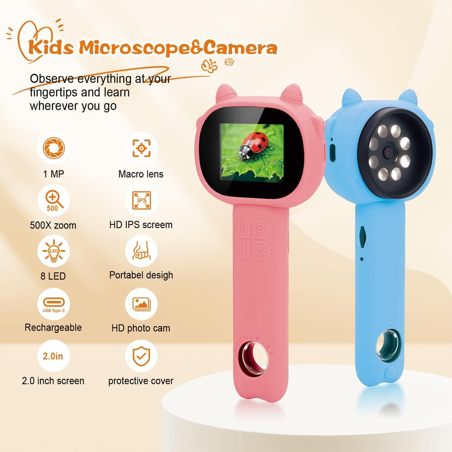 Microscope for Kids 500x Magnification,4X Zoom Mini Pocket Handheld Microscope with 2.0" Screen for Toddlers-STEM Educational Science Kit Toddler for Boys Girls Aged 3-12(Black)
