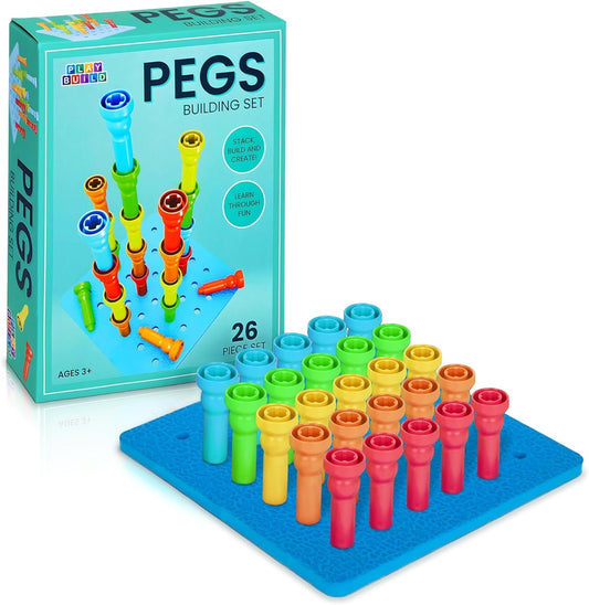 Play Build Kids Peg Board Building Set 26 Pieces - STEM Construction with Colorful Pegs & Shapes, Fine Motor Skills Learning Toy, Montessori Toddler Building Toys for Boys & Girls Age 3+