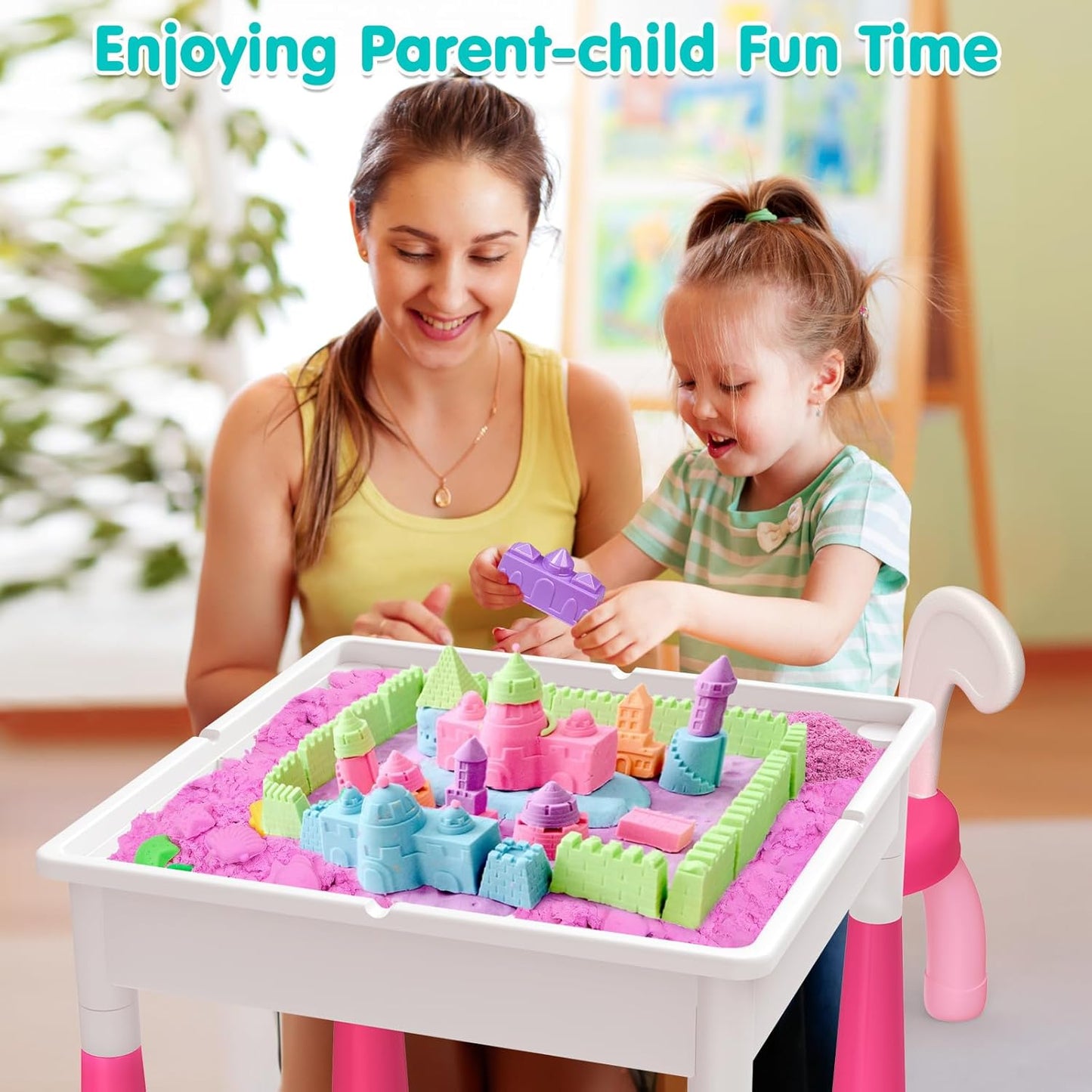 arscniek Toddlers Activity Table 7 in 1 Kids Activity Tables and 4 Chairs with 152Pcs Large Marble Run Building Blocks, Sand/Water Tables, Kids Learning Play Table Toys for Girls Boys Toddler Age 3-7