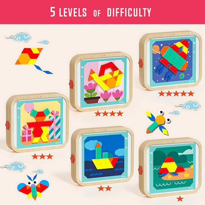 248 Pcs Wooden Magnetic Pattern Block Set with Cards, Pen & Storage Bag, Montessori STEM Tangram Puzzle Toys for Toddlers 4 5 6 7 8, Educational Brain Teaser Gift for Boys Girls