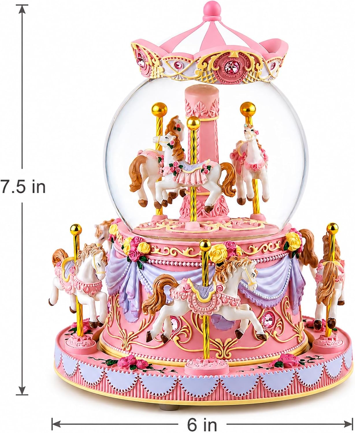 Blue Carousel Snow Globe Music Box with LED Lights, Rotating Horse Merry Go Round with Glitter Snowfall, Wind Up Musical Snow Globe Plays Over the Rainbow, Gift for Daughter Granddaughter Women