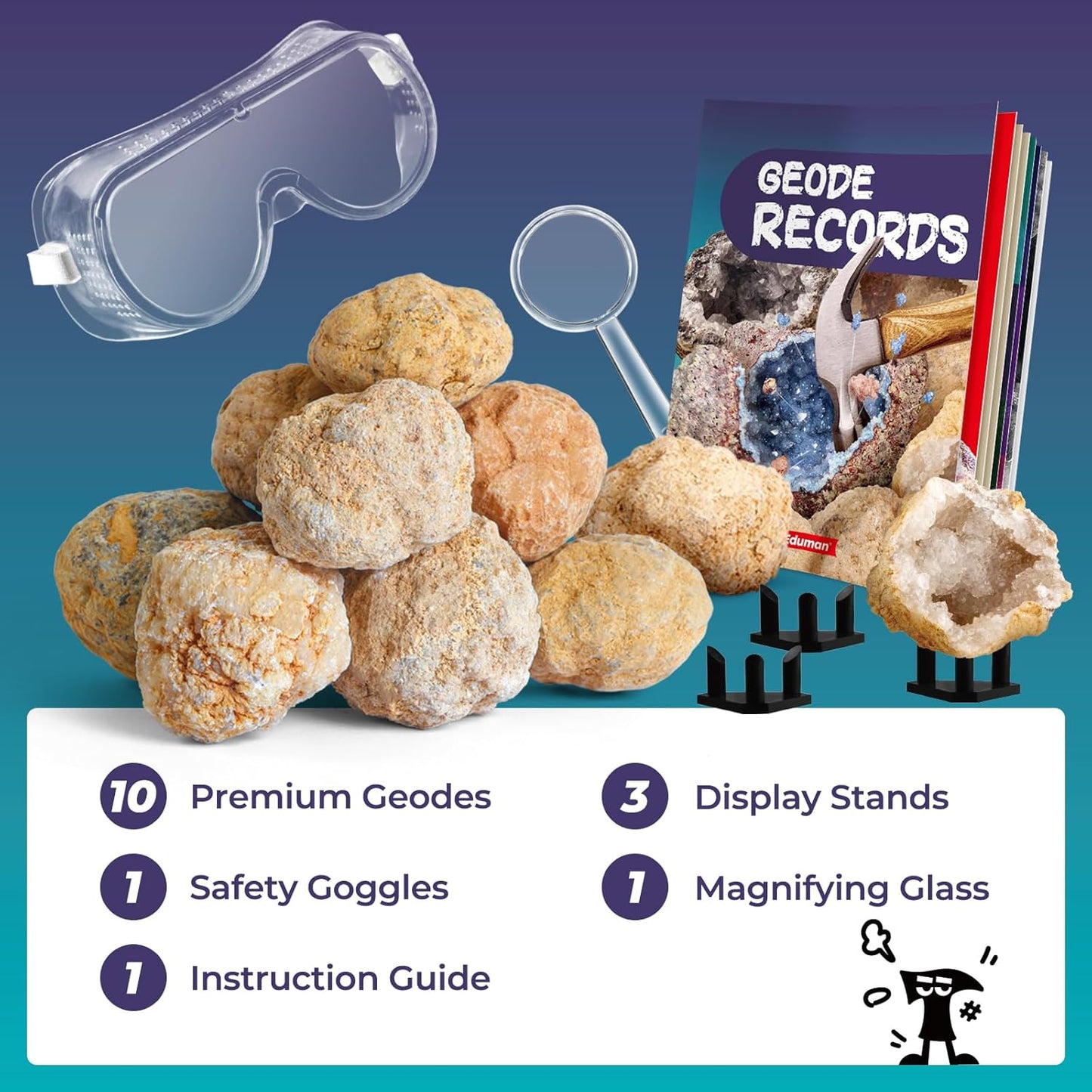 EDUMAN Geodes with Crystals Break Open 10 Premium Geode Kit - Geology Geode Crystal Science Kit - STEM Educational Toys Birthday Gifts for Boys and Girls (Potential for Coloured Geodes Crystals)