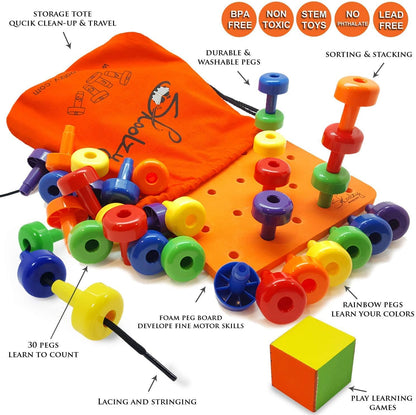 Skoolzy Toys for 3 Year Old Girls and Boys - Lacing Beads and Stacking Peg Board Montessori Toys for Toddlers