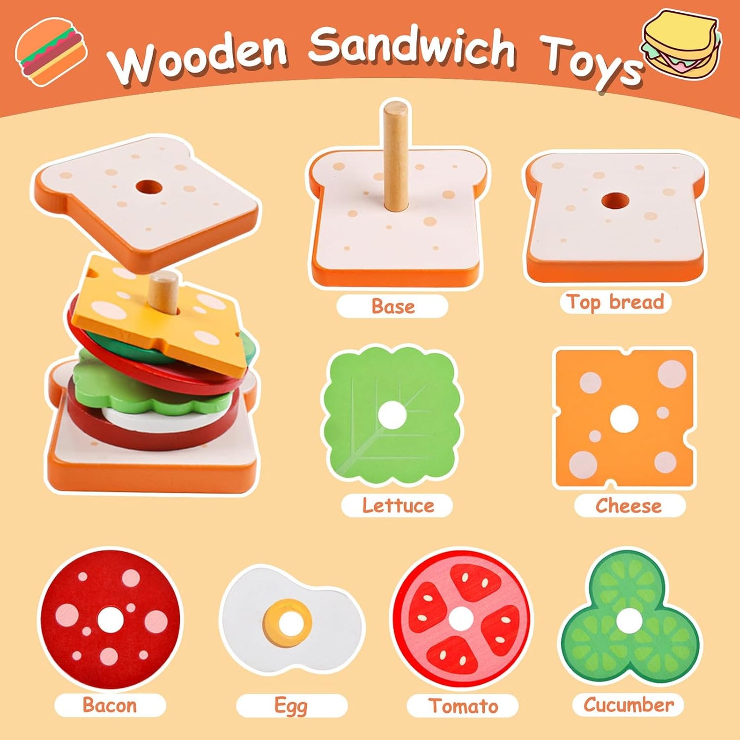 Montessori Toys for 2, 3 Year Old, Wooden Burger Sandwich Stacking Toys for Toddler Educational Toys Fine Motor Skills Foods Preschool Learning Blocks Gifts Boys Girls