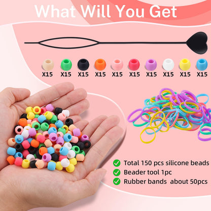 150Pcs 10mm Small Silicone Beads for Hair Braids, Soft Jellyish Pony Hair Beads with 5mm Hole + 50 Rubber Bands and 1 Beader for Braiding, DIY Bracelets Necklaces Crafts (Pink)