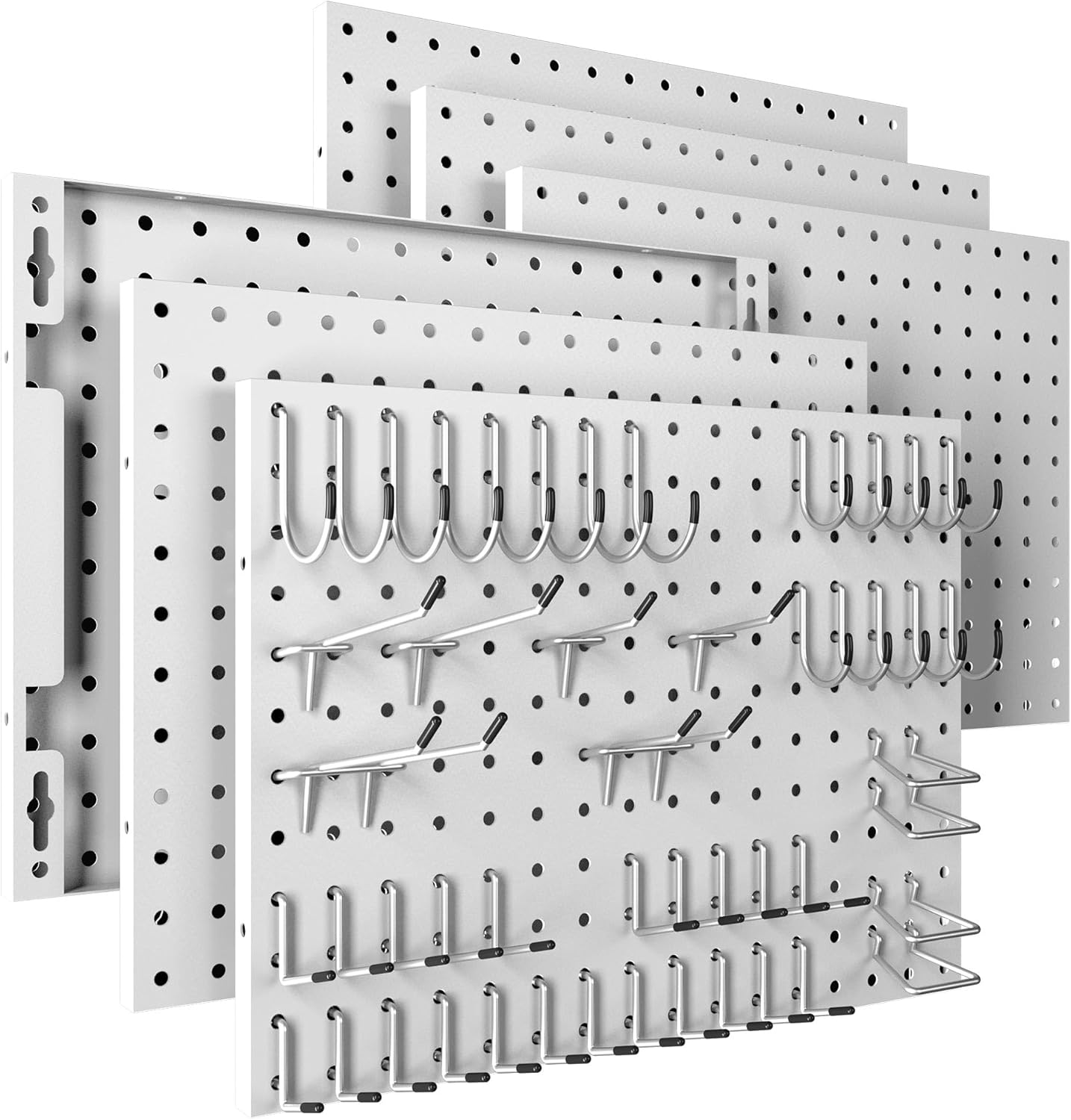 Spampur Peg Board, 4 Pack Metal Pegboard Panels with 50 Hooks, Black Pegboards Wall Organizer, Heavy Duty Peg Board for Walls Home, Garage Tool Storage, Office Organization, Craft Room, Kitchen