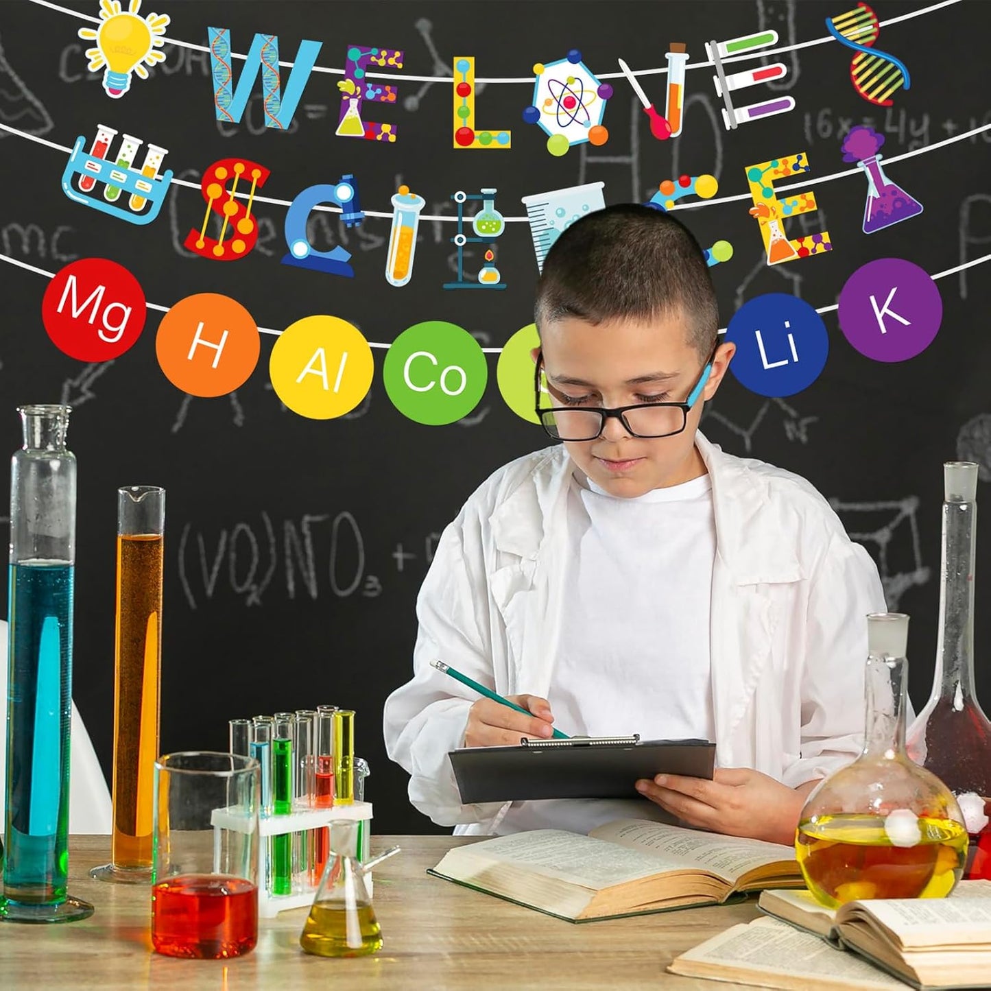 Whaline 5Pcs Science Banners Back to School We Love Science Garland Hanging Ornaments Scientific Chemistry Lab Party Decoration Set for School Classroom Home Scientist Birthday Party Decor Supplies