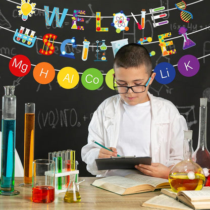 Whaline 5Pcs Science Banners Back to School We Love Science Garland Hanging Ornaments Scientific Chemistry Lab Party Decoration Set for School Classroom Home Scientist Birthday Party Decor Supplies