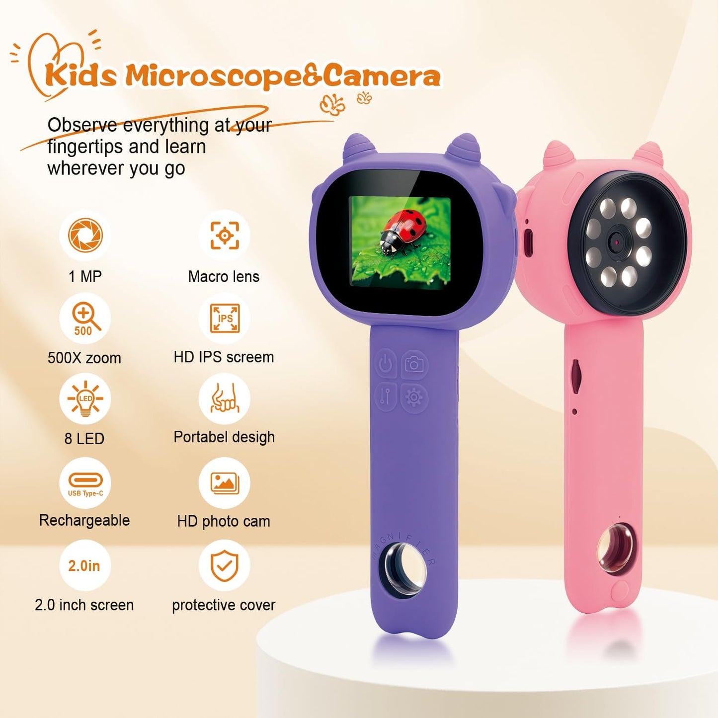 Microscope for Kids 500x Magnification,4X Zoom Mini Pocket Handheld Microscope with 2.0" Screen for Toddlers-STEM Educational Science Kit Toddler for Boys Girls Aged 3-12(Black)