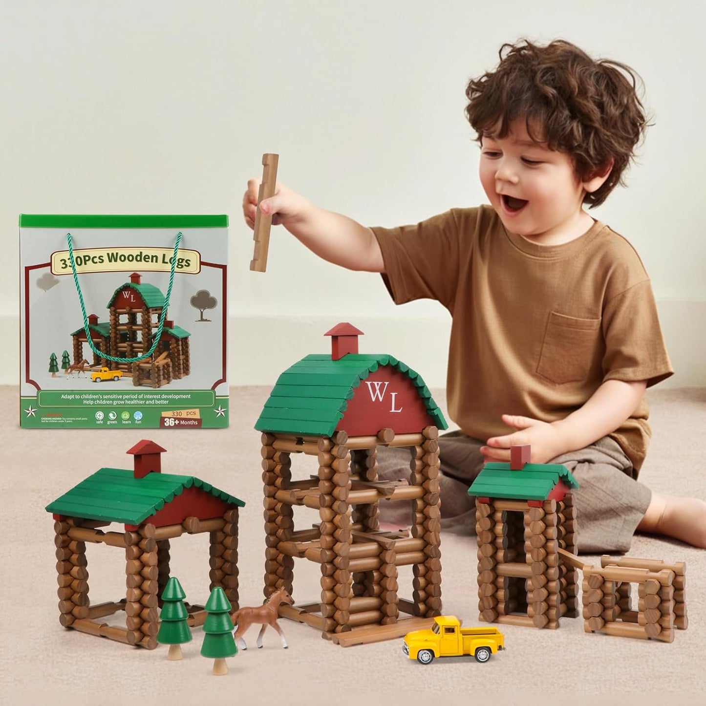 Wondertoys 208 Pcs Wooden Log Set - Classic Building Logs Ages 3+ - Best Retro Building Gift Set for Boys - Creative Construction Engineering Educational Gifts