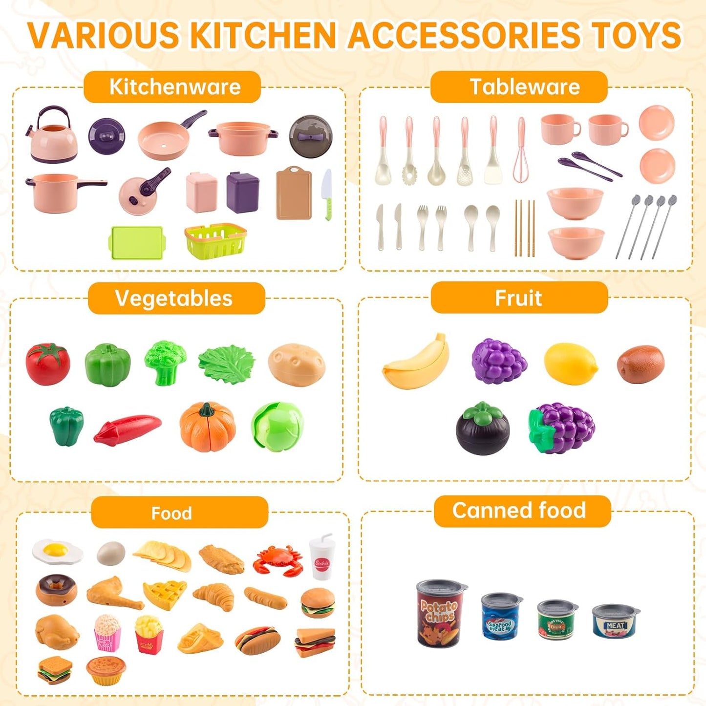 60Pcs Kids Mini Play Kitchen Accessories, Pretend Cooking Play Set with Cookware, Tableware & Fruit & BBQ Sets, Learning Gift for Boys, Girls, Toddlers,Yellow