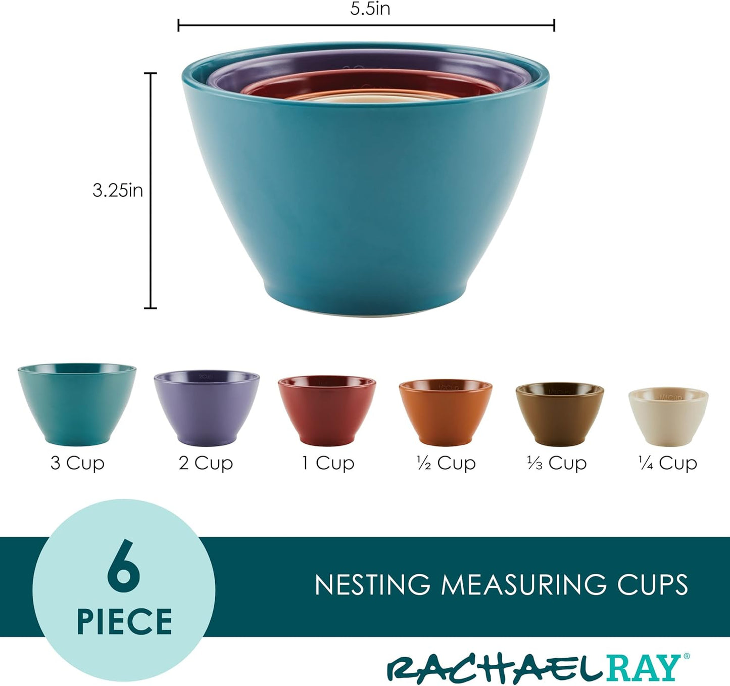 Rachael Ray Tools and Gadgets Nesting/Stackable Measuring Cups Set, 6 Piece - Assorted Colors