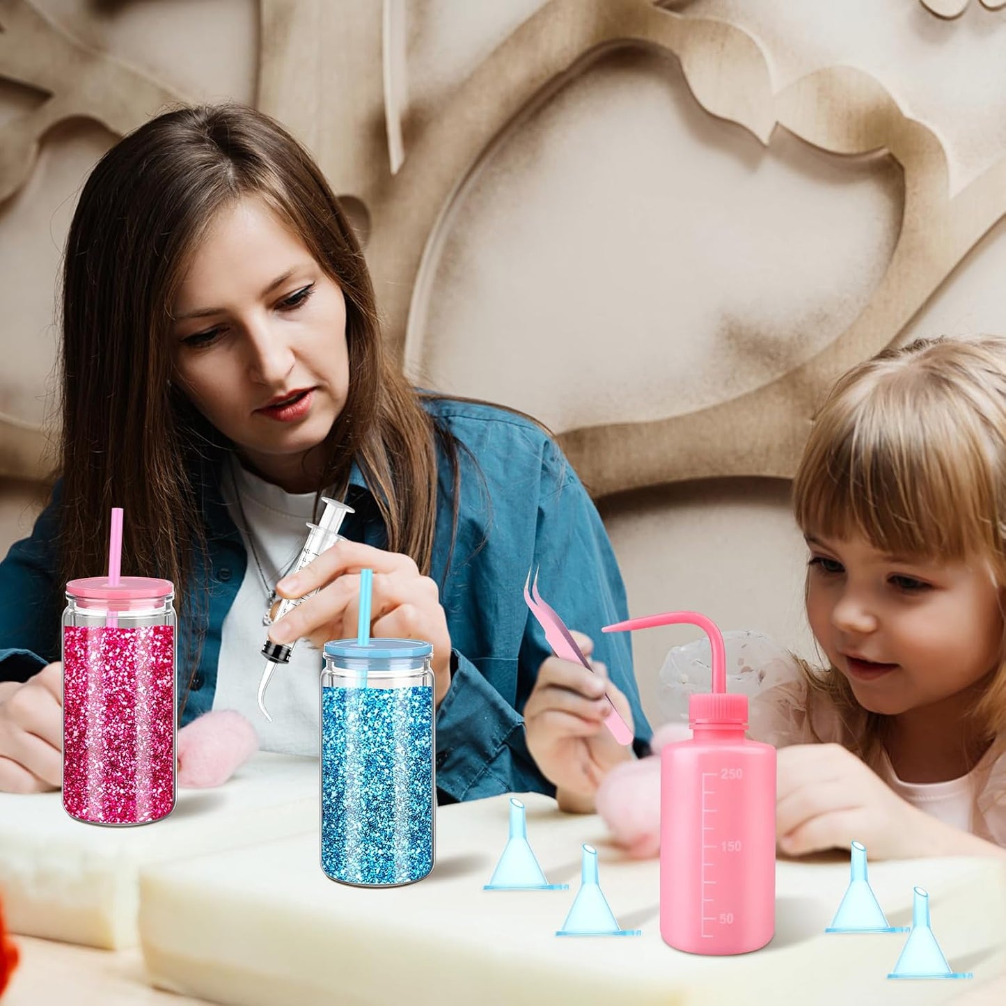 16 Pcs Snow Globe Tumbler Supplies Including 16 oz Plastic Snowglobe Cups with Lids and Straws Squeeze Bottle Bent Spout Syringe Tweezers Funnels for Glitter Snow Globe DIY Craft Gifts