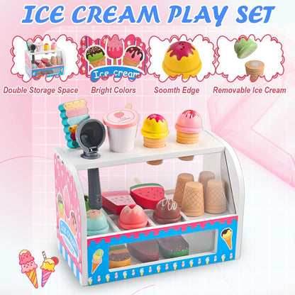 Ice Cream Play Set, Wooden Ice Cream Toy, Wooden Play Food, Ice Cream Shop Playset, Pretend Play Toys for Toddlers, Kitchen Toys Gift for Girls Boys 3 4 5 6 Year Old
