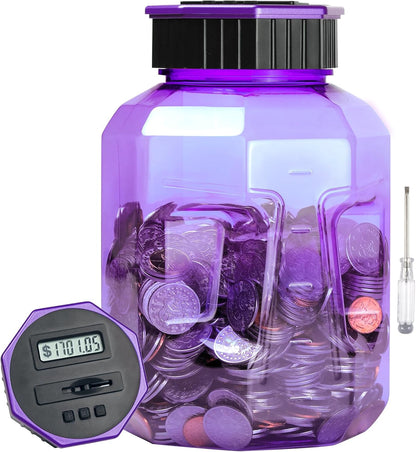 X-Large Piggy Bank for Adults Kids, Vcertcpl Digital Coin Counting Bank with LCD Counter, 2.4L Capacity, Great Coin Counter Bank Money Counting Jar with Total Amount Displayed (Purple)