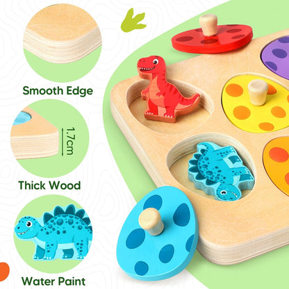 Easter Wooden Puzzles for Toddlers 1-3, Dinosaur Egg Sorting & Matching Peg Puzzle, Preschool Montessori Educational Toys for 1 2 3 Year Old Boys Girls, Easter Basket Stuffers Gifts Party Favors