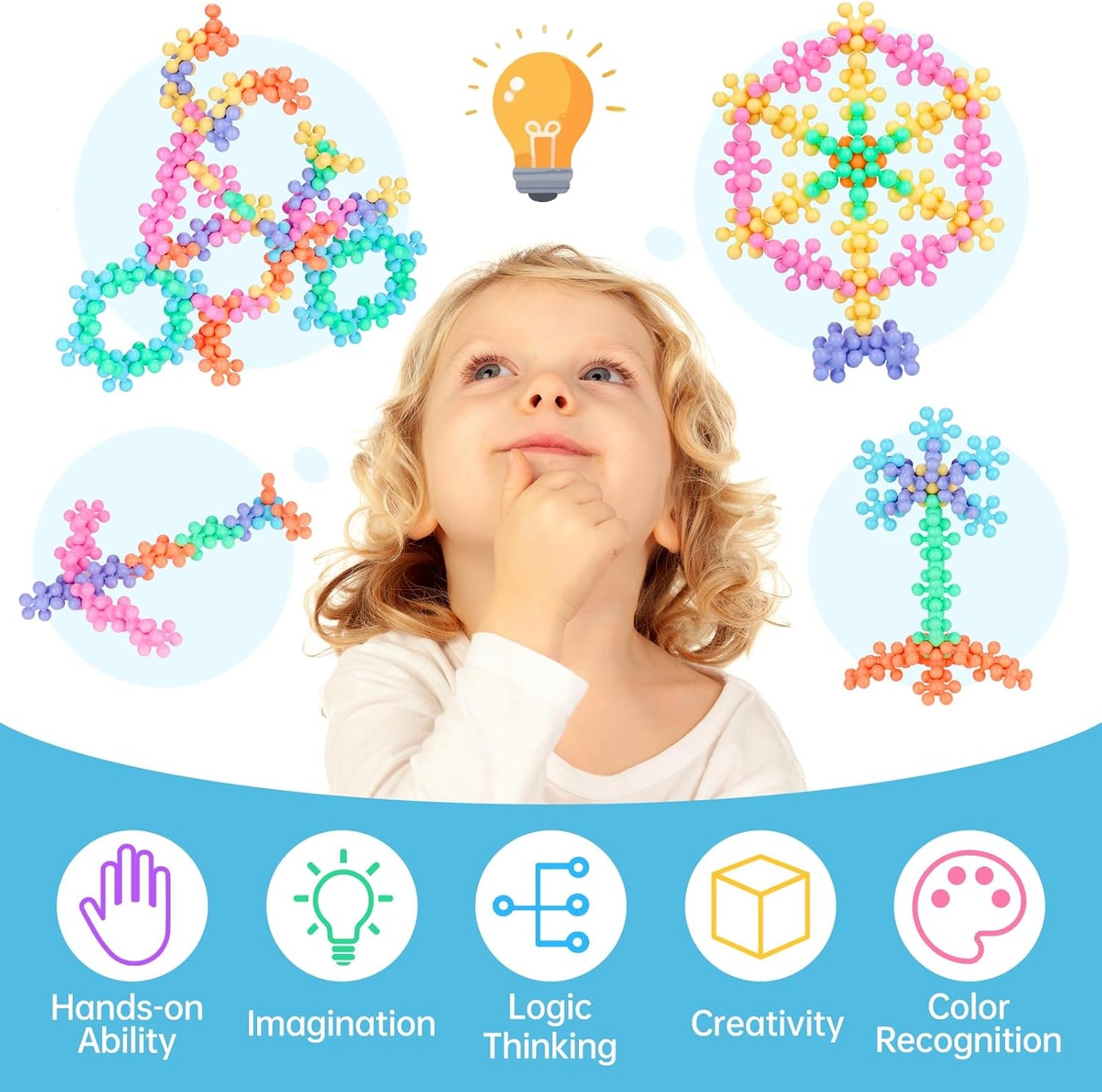Snowflake Interlocking Building Block Educational Toy 300PCS for Kids Ages 3+, Multi-Color Solid Plastic Early Learning Creativity STEM Toy with Carrying Case Safe Material