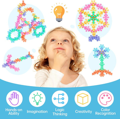 Snowflake Interlocking Building Block Educational Toy 300PCS for Kids Ages 3+, Multi-Color Solid Plastic Early Learning Creativity STEM Toy with Carrying Case Safe Material