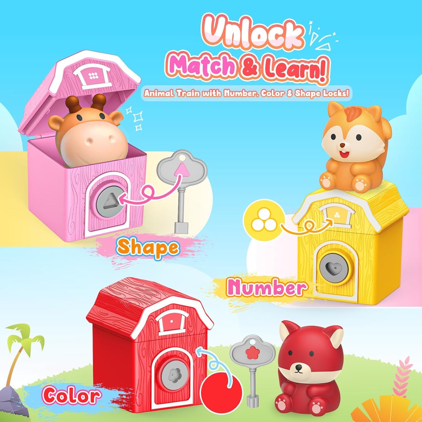 Animal Montessori Learning Toys for 2 3 4 5 Year Old Kids, Toddler Animals Train Locks & Keys Matching Toys Counting & Sorting Trains Set, Preschool Toy Boys Girls Christmas Birthday Gifts Age 2-4 3-5