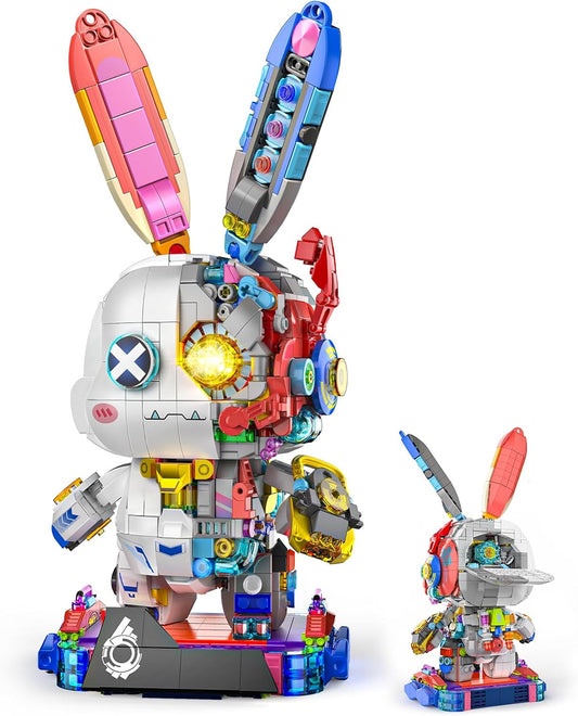 Mechanical Bunny Building Set for Adults,LED Light-Up Eyes Cute Cyberpunk Bunny Building Toy with Display Stand,STEM Poseable Animal Model Kit for Kids,for Boys Girls 8-14+ (1377PCS)