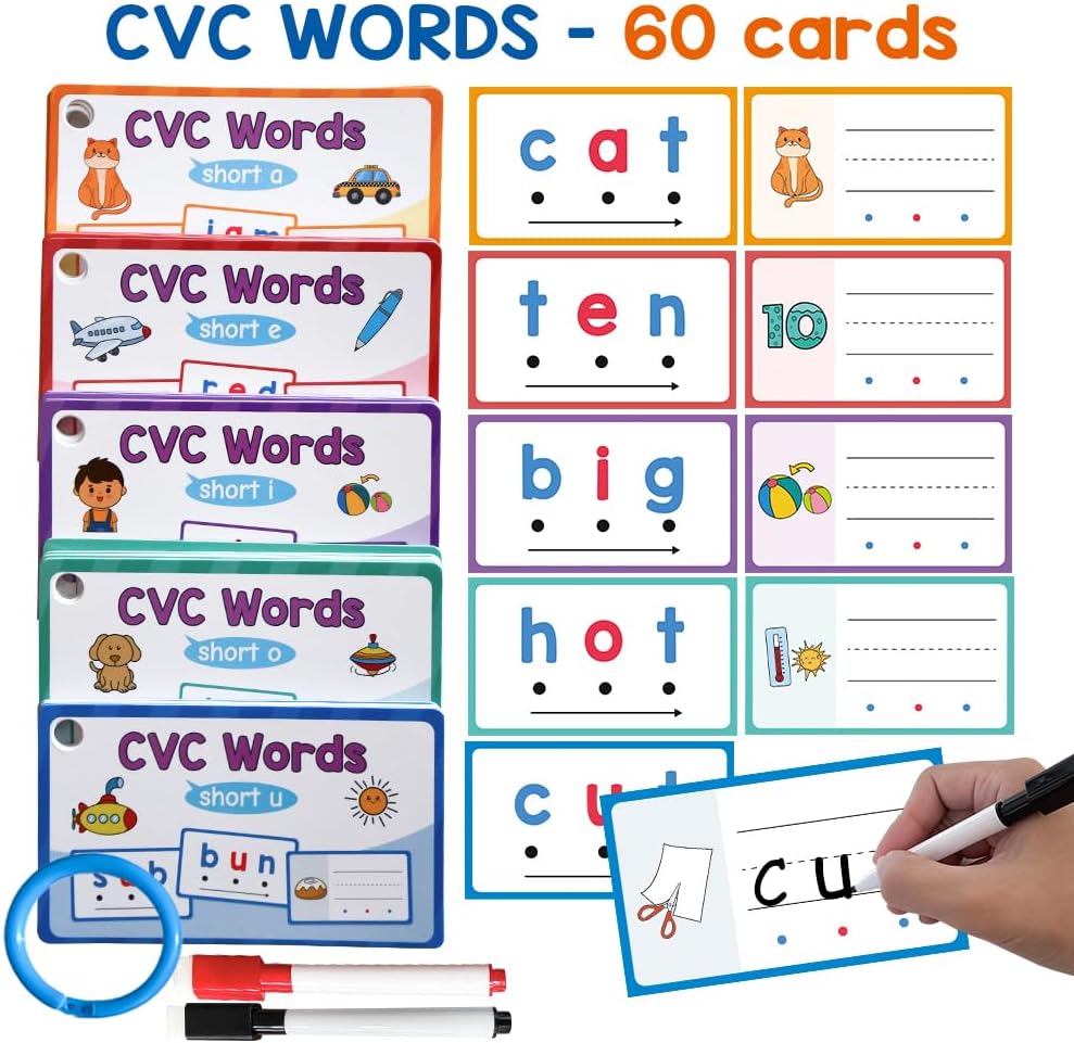 Lachilly Montessori CVC Words Writing Cards, Phonics Games Flash Card, Beginning Phonics Word Builders, Sorting Spelling Word Learning Aids, Speech Therapy Toys for Kids, 60 Cards