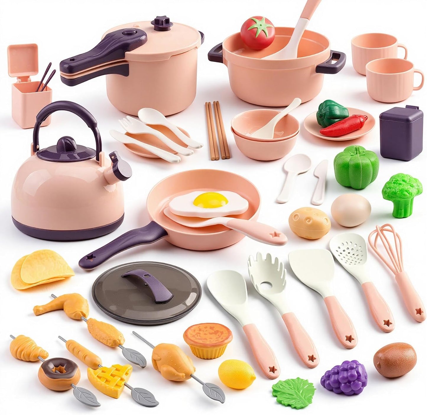 60Pcs Kids Mini Play Kitchen Accessories, Pretend Cooking Play Set with Cookware, Tableware & Fruit & BBQ Sets, Learning Gift for Boys, Girls, Toddlers,Yellow