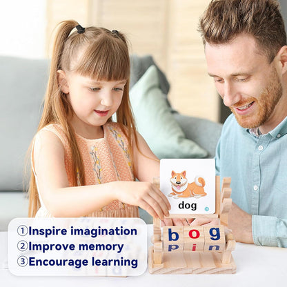 Wooden Reading Blocks, 5 Sets of Short Vowel Rods and 40 Sight Words Flash Cards, Turning Rotating Letter Puzzle for Kids, Montessori Spelling Toy for Preschool Boys Girls Ages 3+