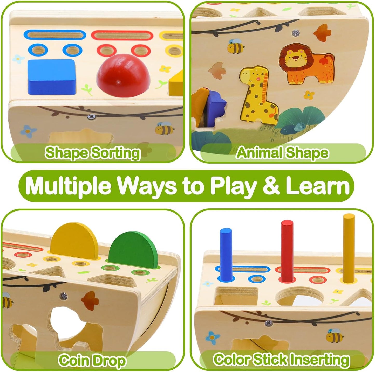 Montessori Busy Box for Toddlers 1-3, Wooden Object Permanence Coin Box with Shape Sorter & Animal Matching, Sensory Fine Motor Learning Toy with Wobble Base, Gift for 1 2 3 Year Old