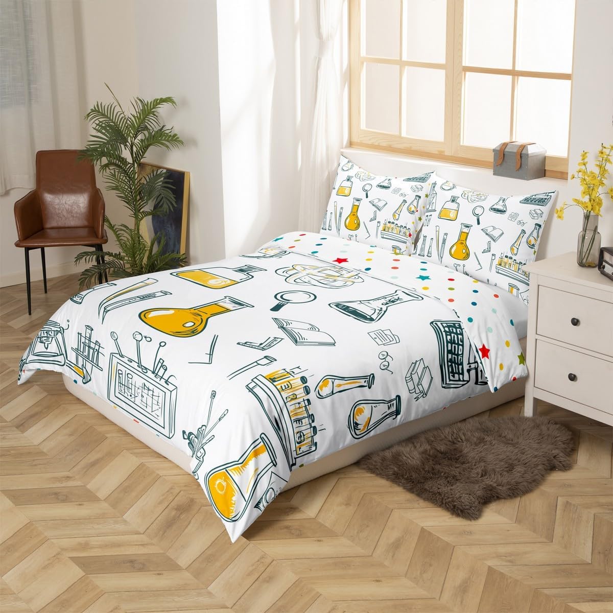 Erosebridal Science Theme Bedding Set Queen Size for Boys Girls Chemistry Periodic Table Print Duvet Cover Chemical Subject Theme Comforter Cover Teens Kids Math Science Atyle Bedspread Cover 3 Pcs