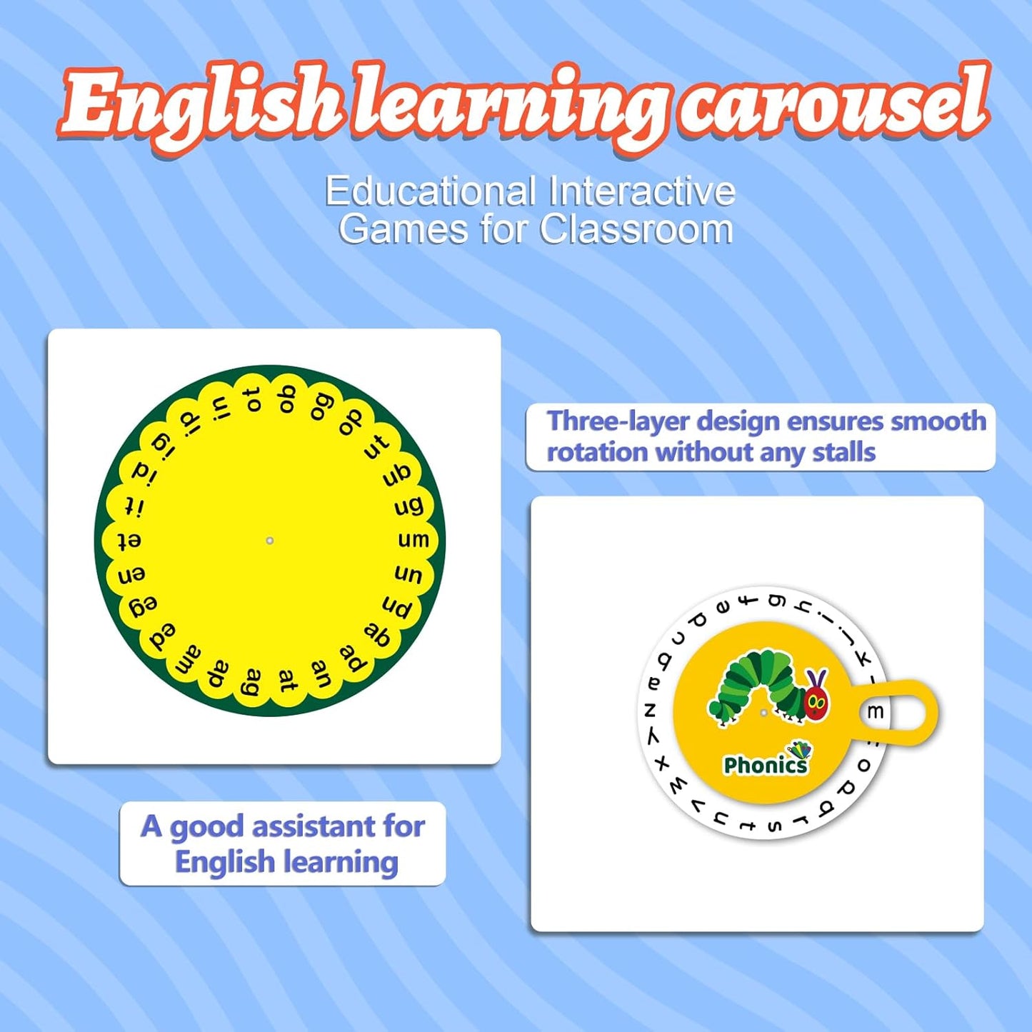 Caterpillar Learning Wheel Phonics Games Flash Cards Sight Word Games Spinners Wheel for Kids Spelling Games Toddler Learning Activities