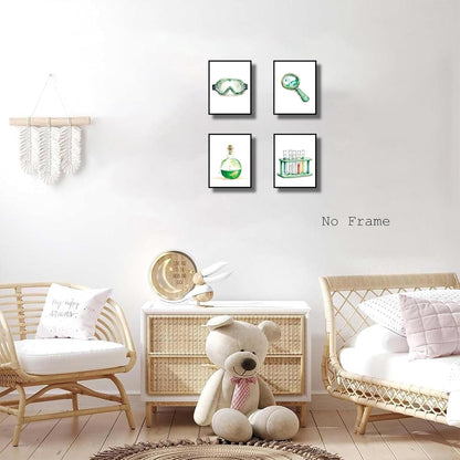ZRYF Science wall art Prints,Green and Interesting Science Explore Canvas Posters,Chemistry Classroom Wall Prints for Laboratory Kids Classroom Bulletin Board Decor,Set of 4 (8"x10" Unframed)