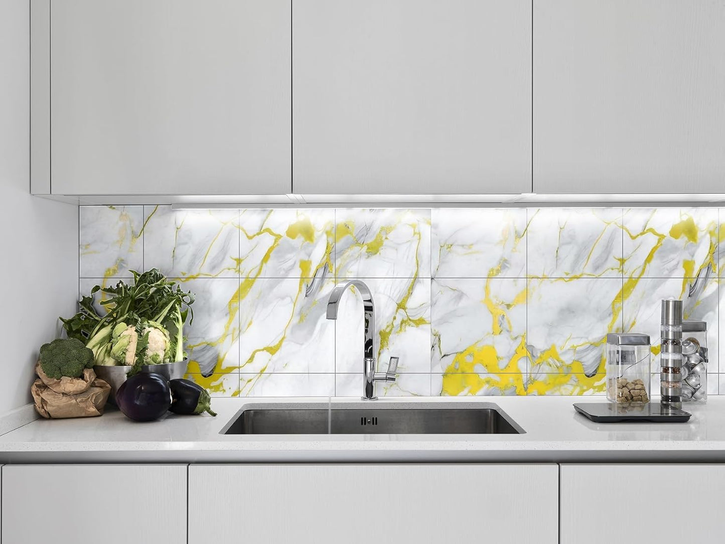 20-Pack Peel and Stick Gilded White Marble Tiles (11.8" x 11.8") – 19.4 Sq. Ft. Waterproof PVC Shower & Backsplash Tiles for Bathroom, Kitchen, and Living Room – Self-Adhesive, Easy Installation