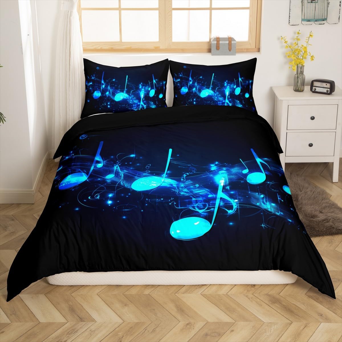 Drum Kit Comforter Cover Abstract Musical Instruments Bedding Set for Kids Boys Teens,Pop Music Duvet Cover Modern Rock Quilt Cover, Teal Laser Light Bedroom Decor Twin Size Blue Green Black