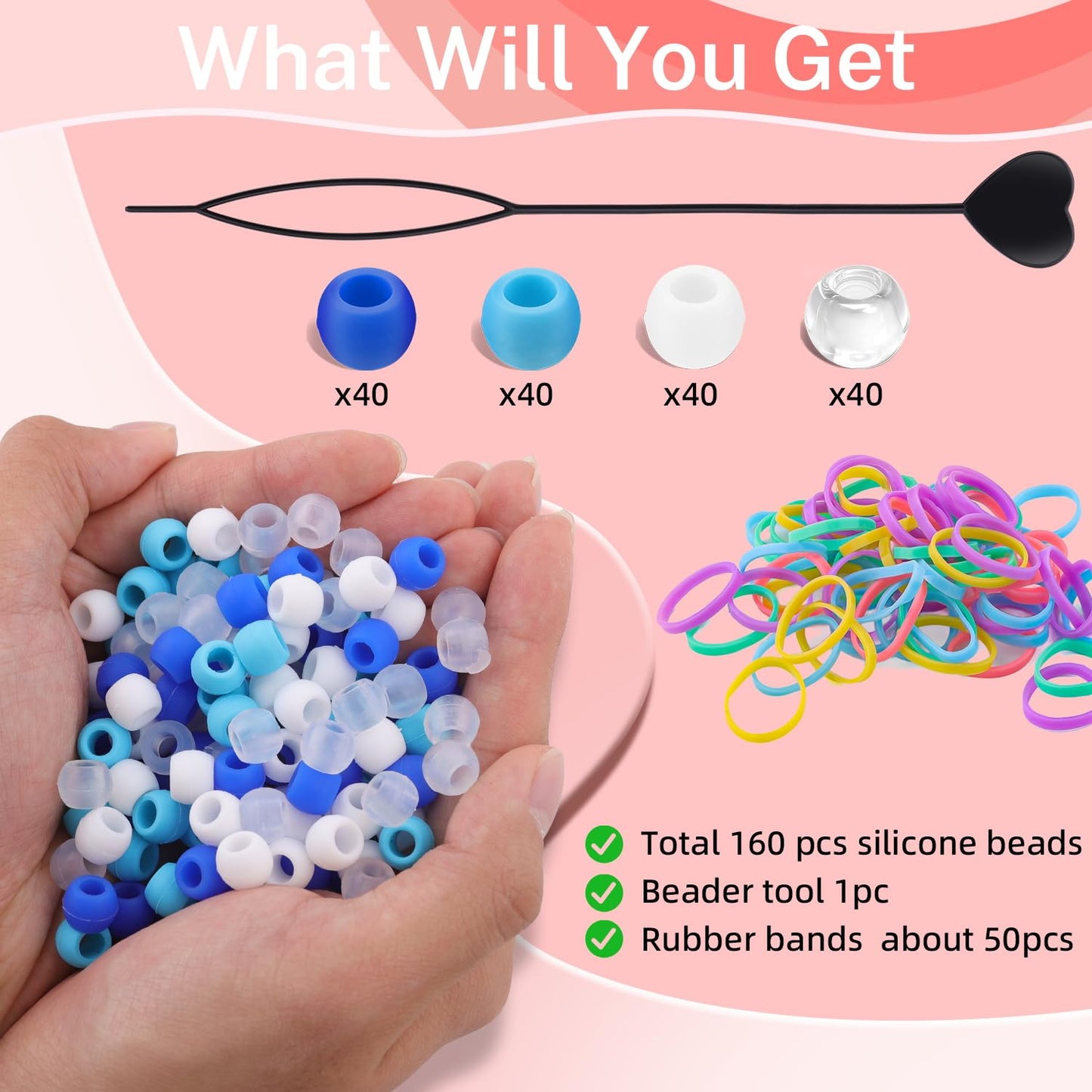 150Pcs 10mm Small Silicone Beads for Hair Braids, Soft Jellyish Pony Hair Beads with 5mm Hole + 50 Rubber Bands and 1 Beader for Braiding, DIY Bracelets Necklaces Crafts (Pink)
