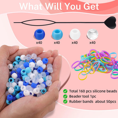 150Pcs 10mm Small Silicone Beads for Hair Braids, Soft Jellyish Pony Hair Beads with 5mm Hole + 50 Rubber Bands and 1 Beader for Braiding, DIY Bracelets Necklaces Crafts (Pink)