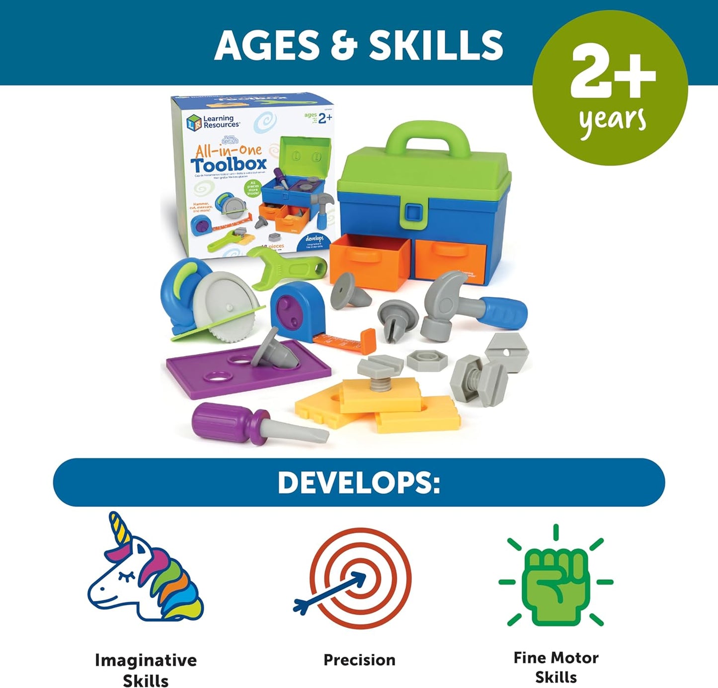 Learning Resources New Sprouts All-in-One Toolbox - Kids Tool Set, Toddler Toys, Fine Motor Skills, Pretend and Play Construction Box, Montessori Drill and Screw Toys, Gifts for Boys and Girls