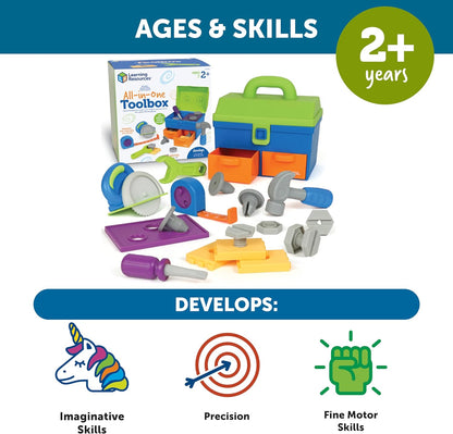 Learning Resources New Sprouts All-in-One Toolbox - Kids Tool Set, Toddler Toys, Fine Motor Skills, Pretend and Play Construction Box, Montessori Drill and Screw Toys, Gifts for Boys and Girls