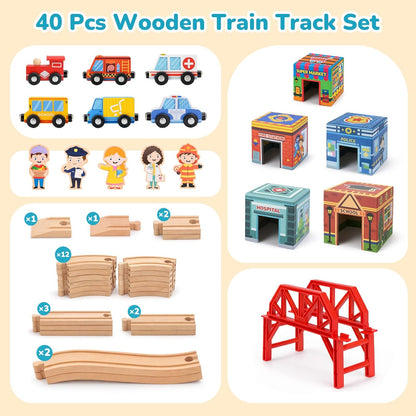 Wooden Train Set for Kids 3-7, Wood Train Tracks Complete Town Railway Playset with Matching Figures, Vehicles, Stacking and Nesting Blocks, Sorting & Stacking Toys Gifts for Boys Girls