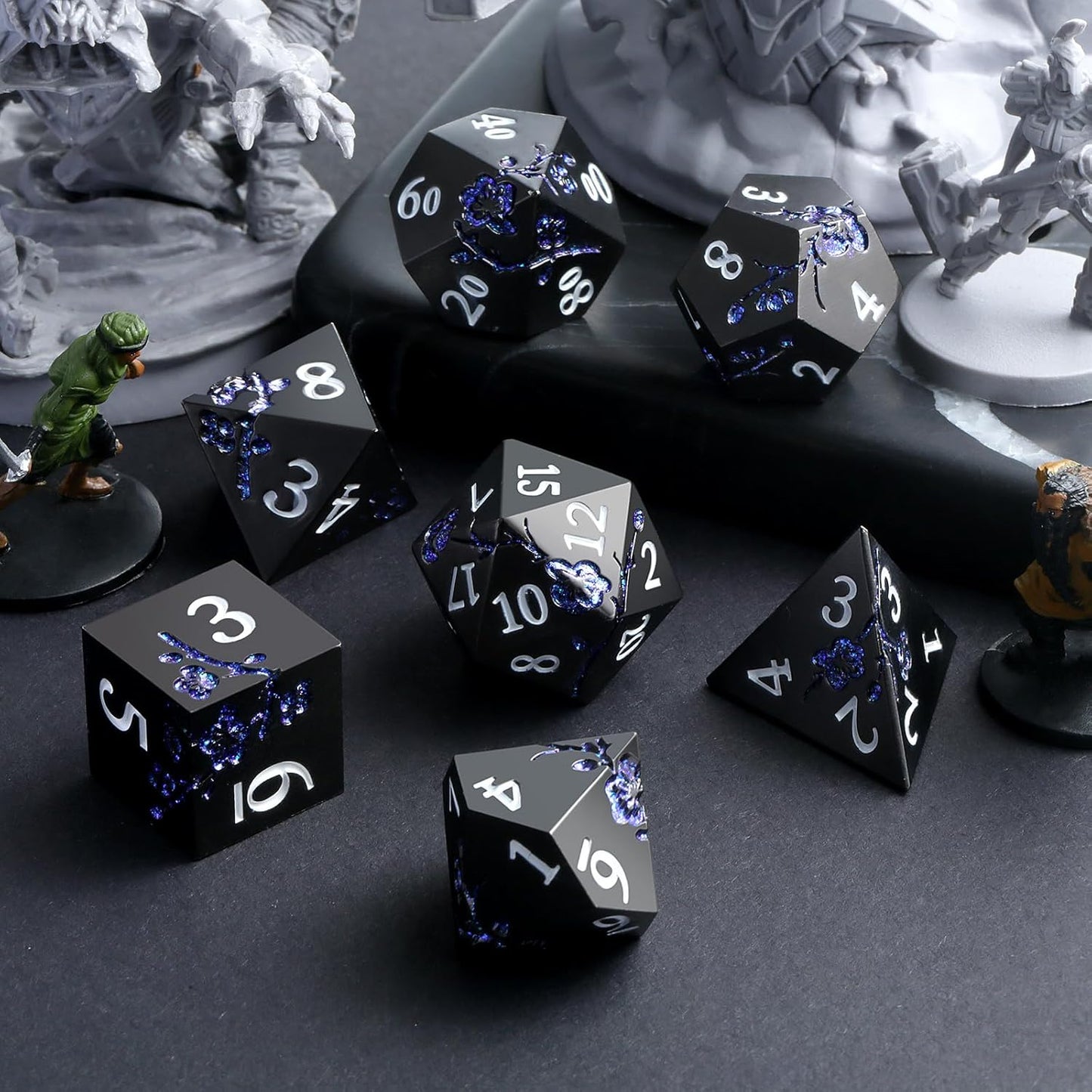 DnDnD Heavy Polyhedral Metal Dice Set with Metal Box, 7-die Shiny Blue Surface with Golden Number for RPG,Dungeons and Dragons,Pathfinder,Shadowrun,D&D,Role Palying Game and Math Teaching - Colors A