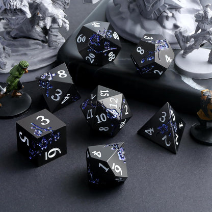 DnDnD Heavy Polyhedral Metal Dice Set with Metal Box, 7-die Shiny Blue Surface with Golden Number for RPG,Dungeons and Dragons,Pathfinder,Shadowrun,D&D,Role Palying Game and Math Teaching - Colors A