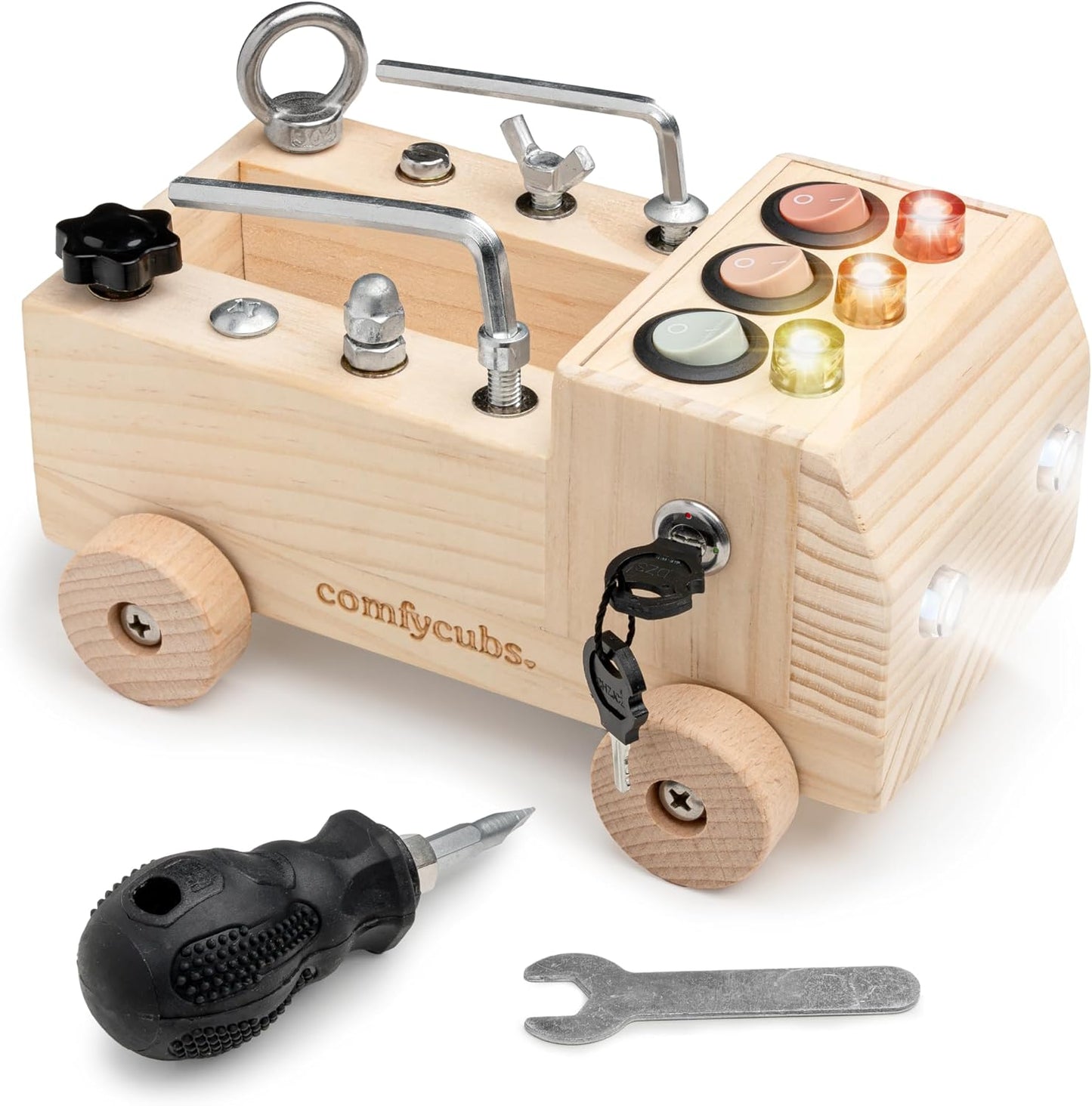 Comfy Cubs Busy Board Toy Truck Set - Fun & Noise-Free, Pine Wood Activity Board for Toddlers with LED Light Switch - Designed in The US, Focused & Engaging Montessori Play for Kids 3+ (Pacific Blue)