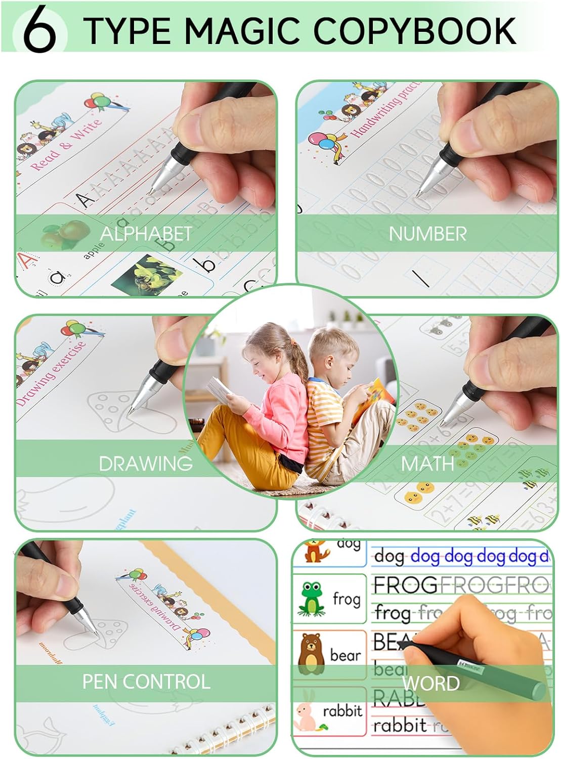 Large Magic Practice Copybook for Kids,Handwriting Grooved Practice Book 6 Pack with Pen Refill English Cursive Calligraphy Reusable Age 3-8（A4 Size）