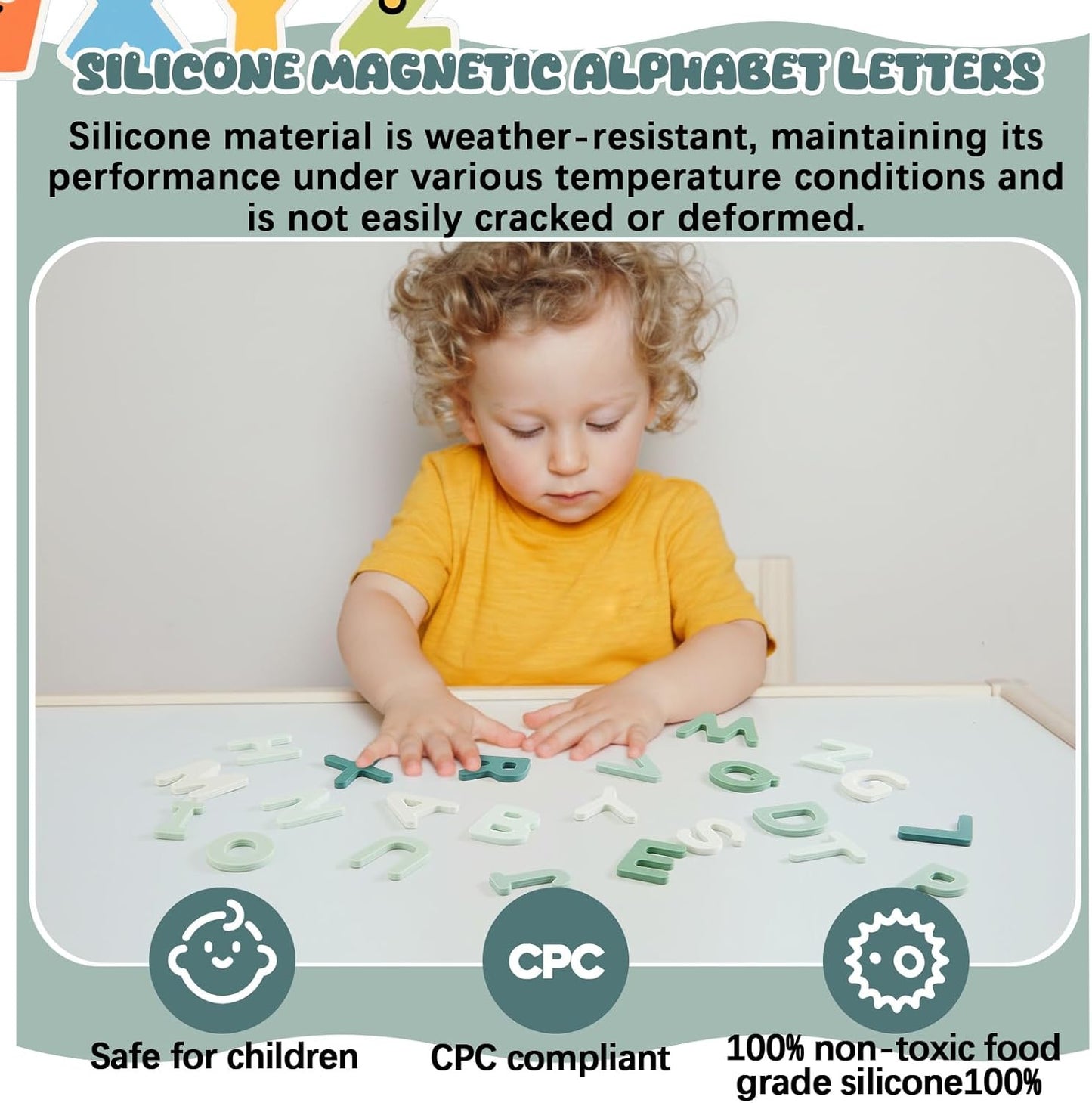 VioraWhite 26 Pcs Food Grade Silicone Magnet (Sealed Magnet, Cpc Certified) Magnetic Toddler Fridge Bulk ABC Educational Learning Toy for Kid Baby Girl Boy Gift(Greenery Color,Letter)