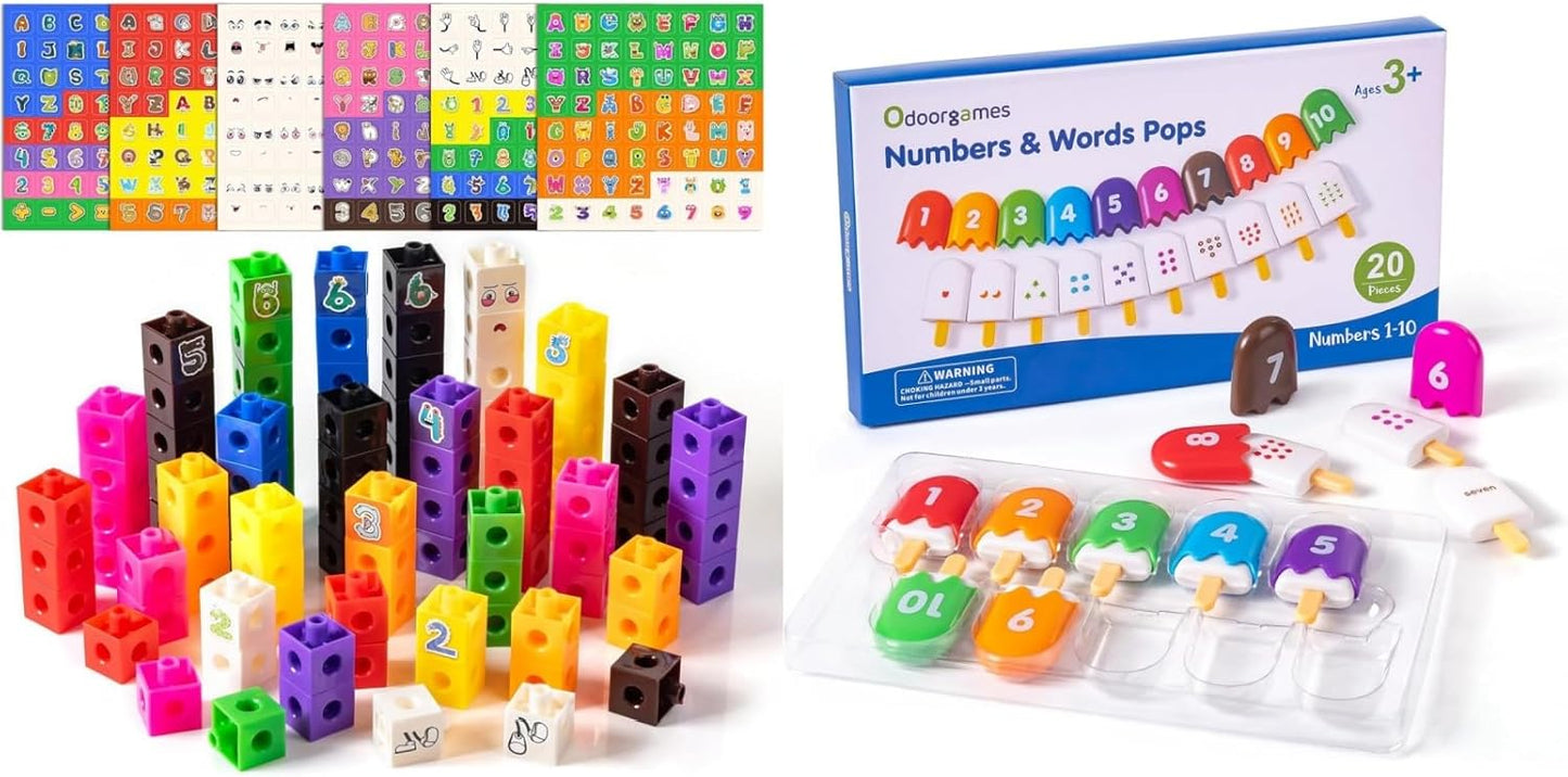 100 Pcs Math Linking Cubes with 384 Cartoon Stickers – Mini Number Pops 1-10 – Essential Counting Cubes for Kids Math Learning and Fun Activities