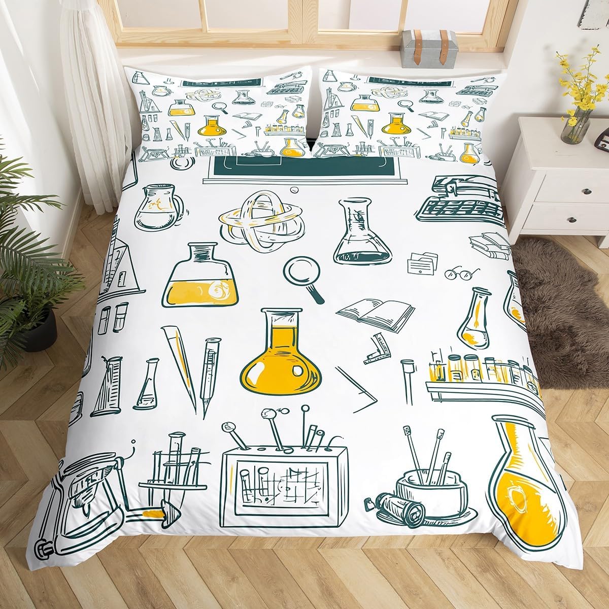 Erosebridal Science Theme Bedding Set Queen Size for Boys Girls Chemistry Periodic Table Print Duvet Cover Chemical Subject Theme Comforter Cover Teens Kids Math Science Atyle Bedspread Cover 3 Pcs