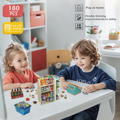 180Pcs Mini Shopping Cart Playset - Pretend Grocery Dollhouse Accessories Toys with Miniature Cash Register, 2 Fruit-Veggie Stands, 3 Shelves, 100+ Play Food - Educational Role Play Toys for Toddlers