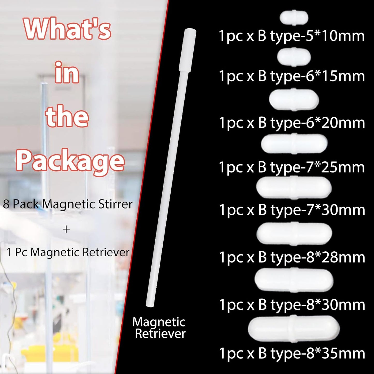Magnetic Stir Bars with Magnetic Retriever Set, Lab Mixed Size PTFE Magnetic Stirrer Mixer Stir Bars PTFE Stiring Rod, 8x35mm, 8x30mm, 8x28mm, 7x30mm Magnetism for Laboratory Home DIY Project